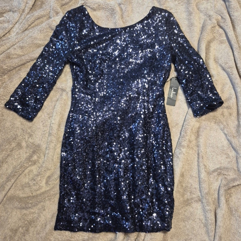 Lulus Navy Blue Sequin Bodycon Mini Dress Cocktail Party Size M NWT